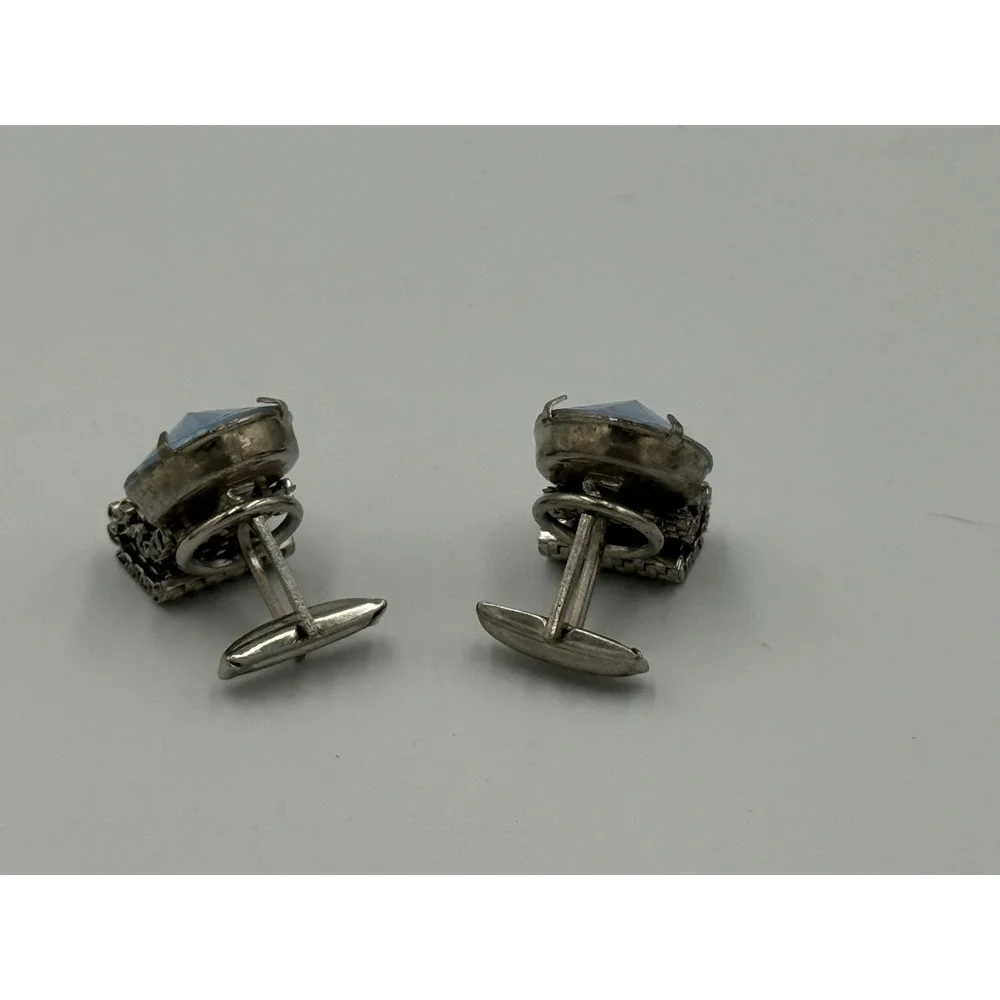 Vintage Silver-Tone Mesh Wrap Cufflinks Blue Rhinestone Round Center Mid-Century